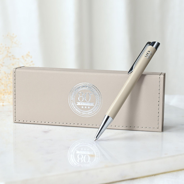 Personalised 80th birthday ballpoint pen gift set.