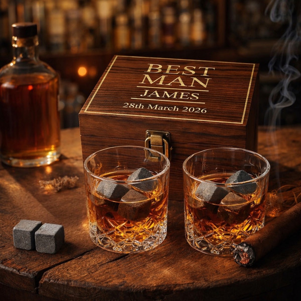 Personalised rustic whisky gift set box with Best Man message. Displayed with 2 whisky glasses and whisky sones on a table in a cosy home setting.