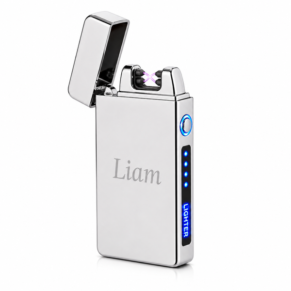 Personalised silver slim arc USB rechargeable lighter with matt finish with Liam engraved on the front .