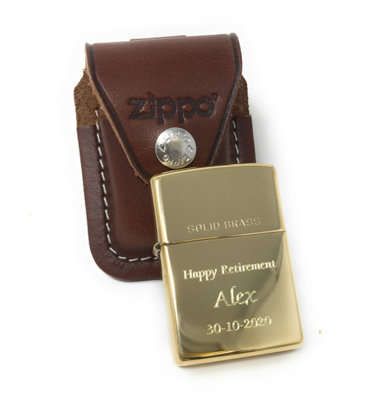 Personalised Polished Brass Zippo Lighter & Pouch Gift Set