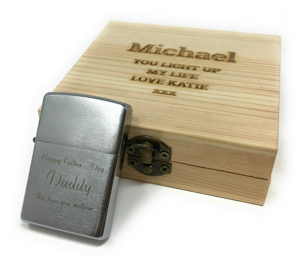 Personalised Genuine Brushed Chrome  Zippo Lighter Wooden Gift Set