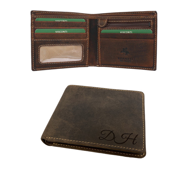 2 images of oiled brown  leather wallet .  at the front is image of the wallet closed with engraved initials and behind another image showing the wallet open to reveal 5 card slots, ID window and zipped coin compartment