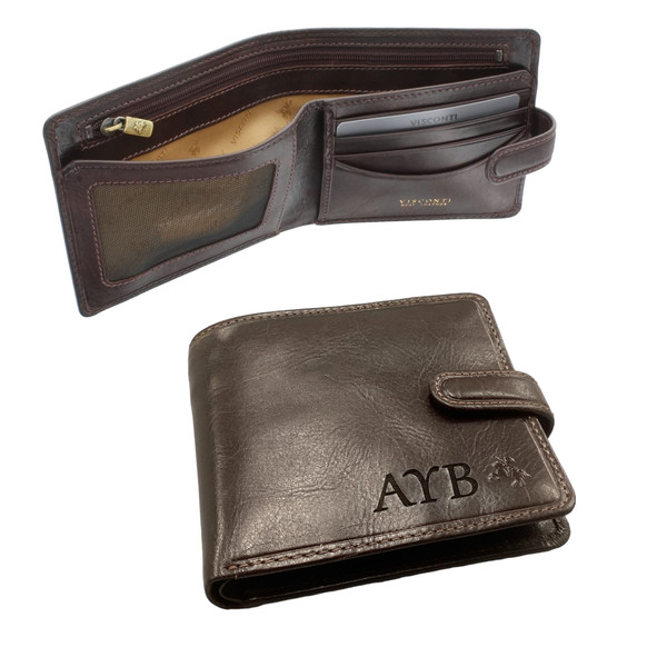 Personalised dark brown leather Visconti bi‑fold wallet and opened showing card slots and compartments