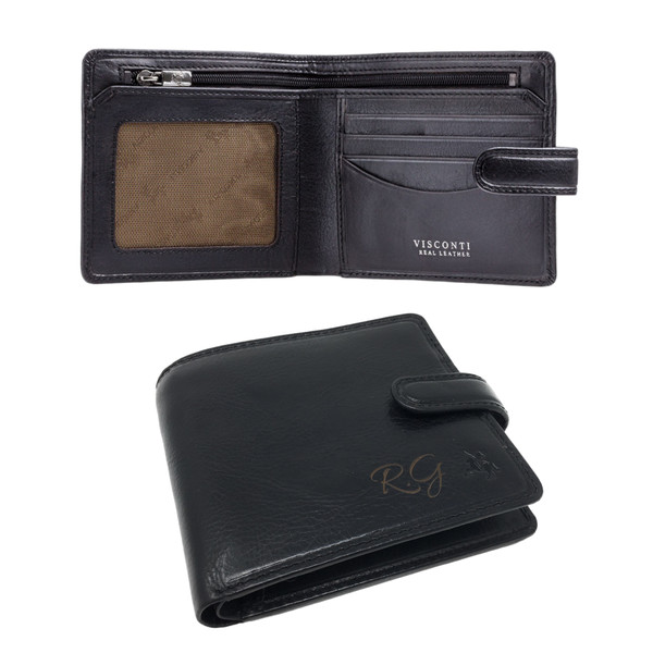 Personalised black leather Visconti bi‑fold  with initials RG engraved on the front. Behind is open view of the same wallet showing mesh ID compartment and 4 credit card slots.