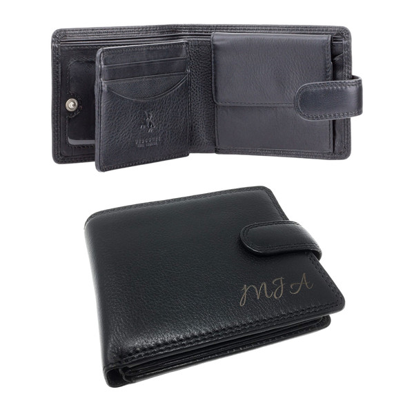 Personalised Visconti black leather cash & card wallet. Engraved with name and initials on soft touch leather and message inside. Fits comfortably in hand and convenient to carry