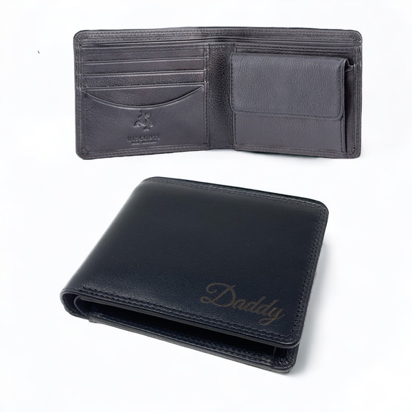 Personalised RFID Visconti Black Bi-Fold Wallet with "daddy" engraved on the front
