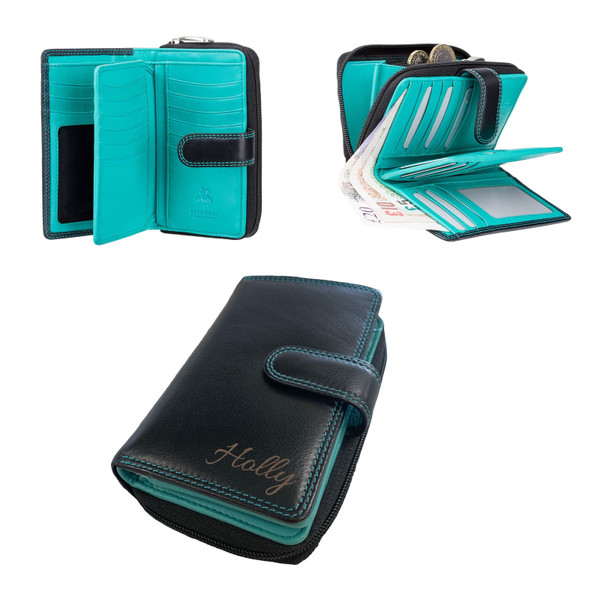 Aqua & black personalised  Visconti leather purse with engraving - RFID blocking cash and coin wallet