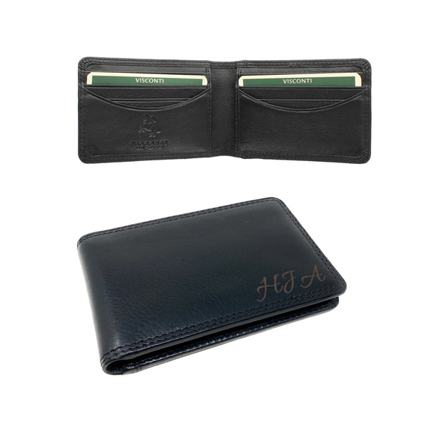 Personalised RFID Black Leather Card Wallet - Engraved with Name or Initials - Unique Men's Gift, Fathers Day, Birthday, Custom Engraved