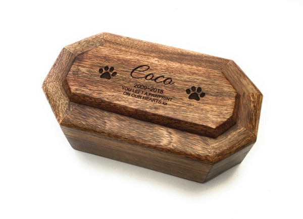 PERSONALISED MANGO WOOD PET MEMORIAL ASHES URN CASKET - LARGE