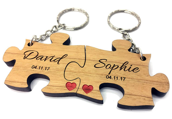 Personalised Wood Jigsaw Keyrings Engraved Valentine Anniversary Couples Gift