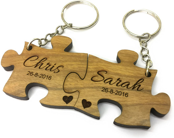 Personalised Cherry Wood Jigsaw Keyrings Engraved Valentine Anniversary Couples Gift