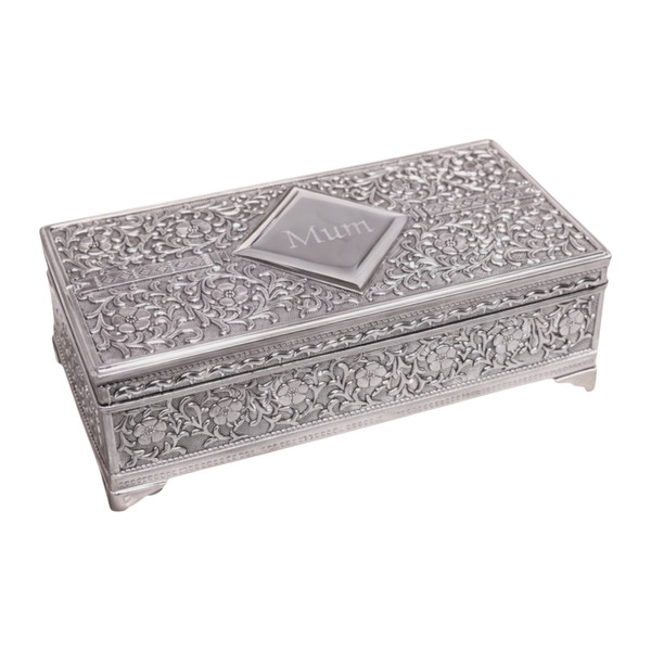 Personalised silver rectangular antique jewellery box  - gift for her
