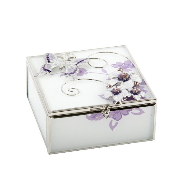 A square mirrored glass jewellery box featuring a silver-toned metal butterfly and floral embellishment on the lid.