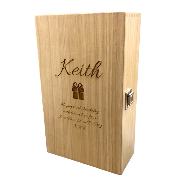 A wooden double bottle wine champagne box. Made from tung wood. Laser engraved  present design on front  with customised text underneath and name above. Sliver hinges and clasp on outer edge for easy opening. A wooden double bottle wine champagne box. Made from tung wood. Laser engraved  present design on front  with customised text underneath and name above. Sliver hinges and clasp on outer edge for easy opening.