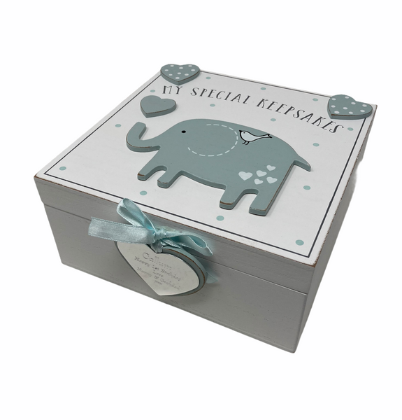 Personalised Petit Cheri 3D Blue Elephant Baby Keepsake Box