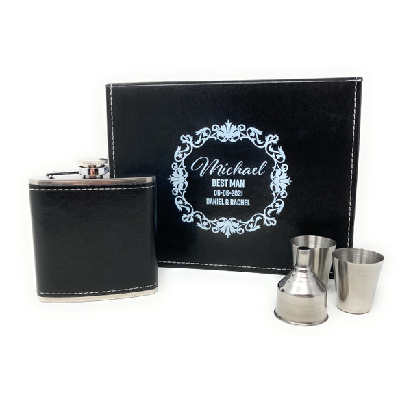 Personalised Black Pu Leather Hip Flask Gift Set/Mens Jewellery Storage box