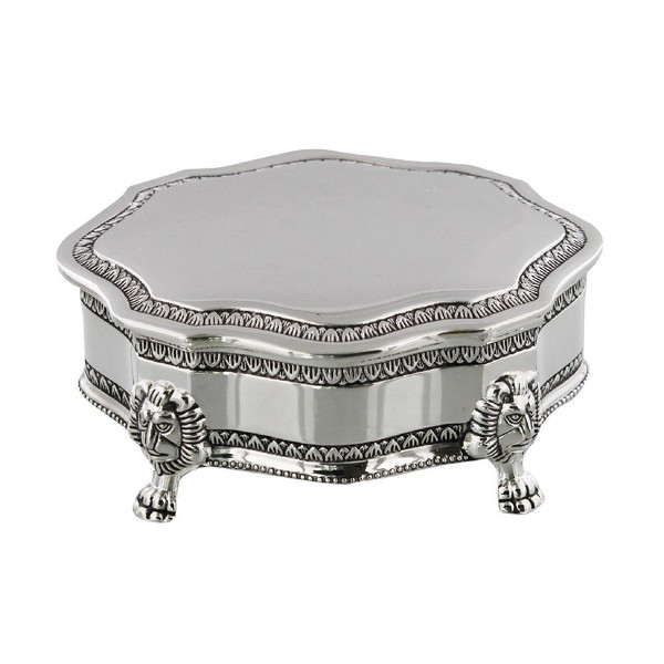 Personalised silver trinket box with ornate scalloped detailing with lion head feet