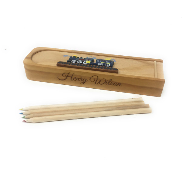 Personalised Blue Train Wooden Childrens Pencil Case