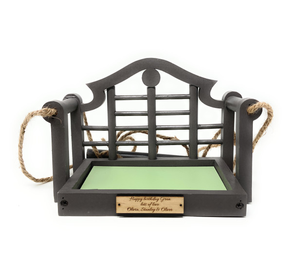 Personalised sunset bird feeder seat with custom engraved wooden plaque and swing-style design