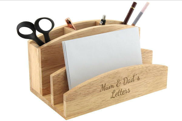 Personalised wooden desk tidy with engraved name – mail and pen organiser made from Hevea wood