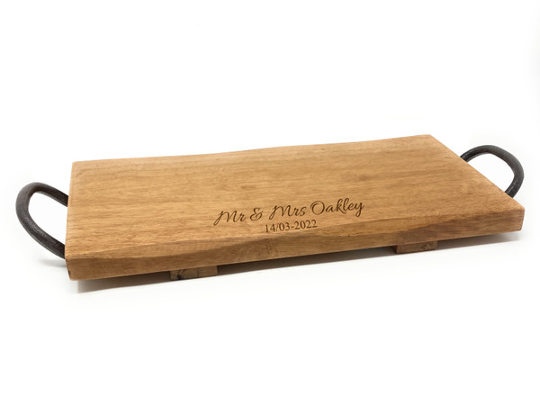 Personalised T & G Rustic Hevea Wood Serving Board Table With Cast Iron Handles