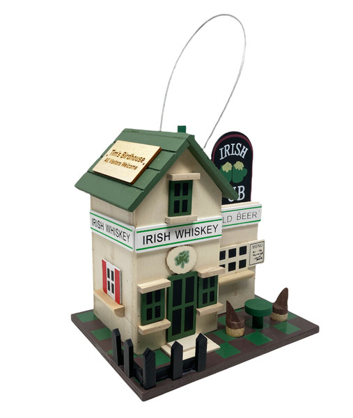 Handmade personalised Irish pub bird house – front view with engraved plaque