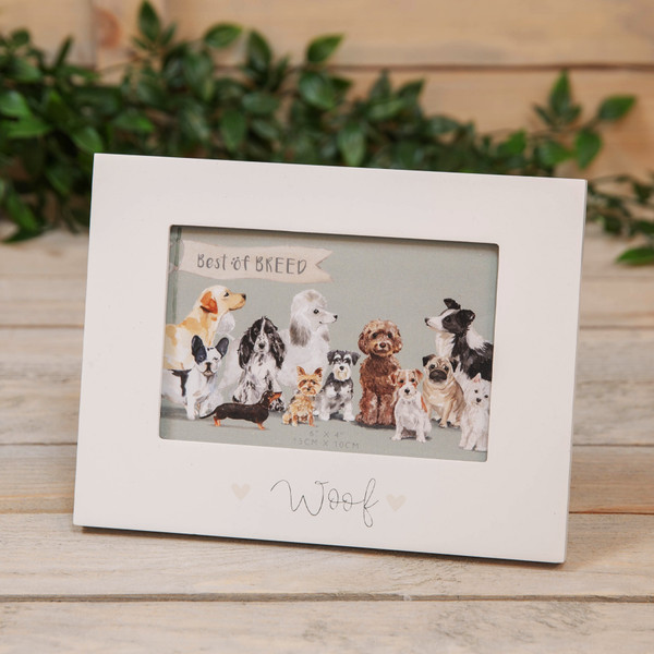 6" X 4" - Best Of Breed Wooden Off White "Woof" Dog Puppy Picture Frameft