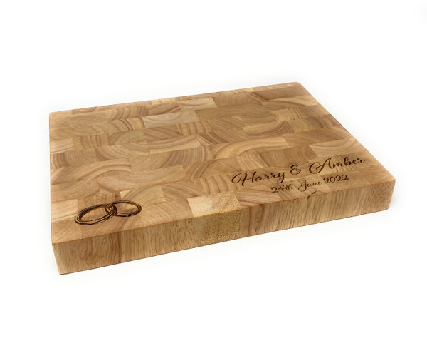 Personalised Hevea Wood Chopping Board - Entwined Wedding Rings Design