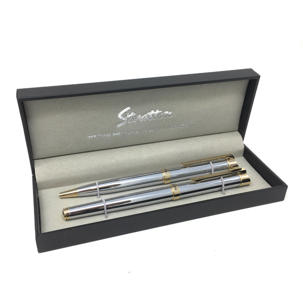 Personalised Stratton Roller Ball / Ball Point Silver & Gold Pen Gift Set