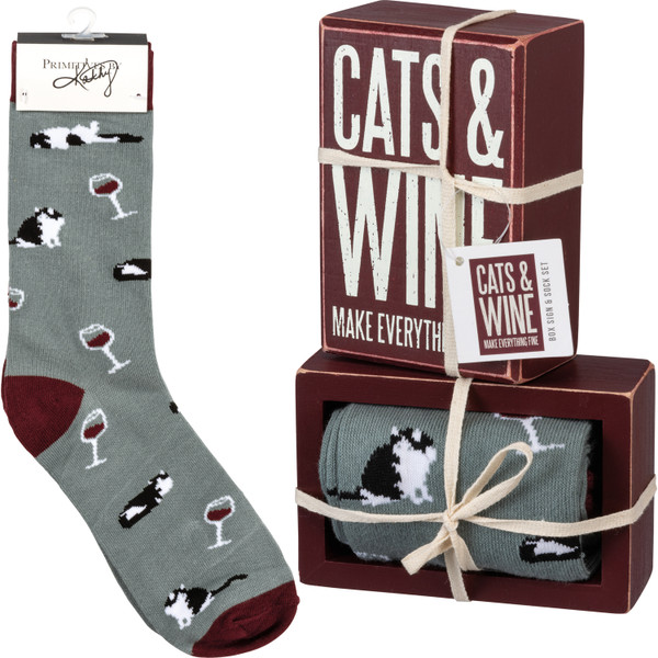 Box Sign & Sock Set - Cats And Wine