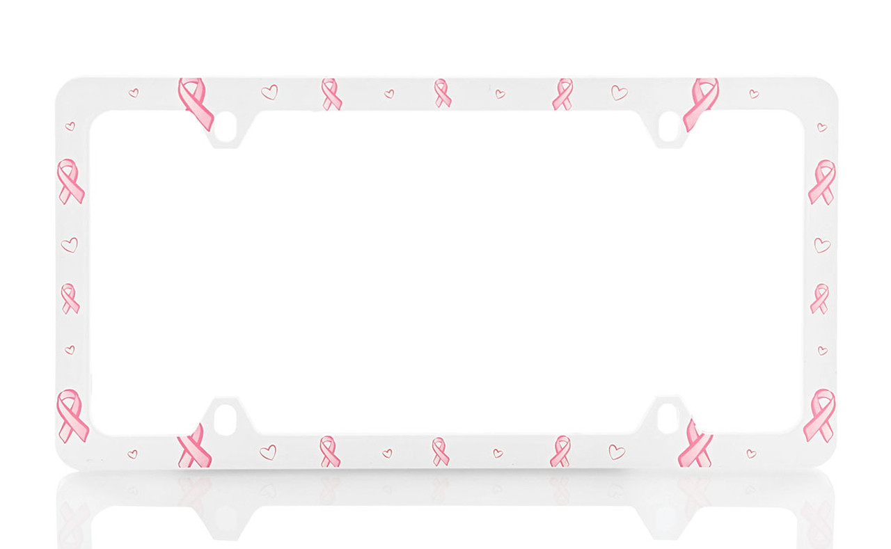 Pretty CANCER AWARENESS License Frame with Pink Ribbons - White