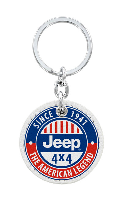 White Leather Round Shape Key Chain with UV Printed Jeep Logo 