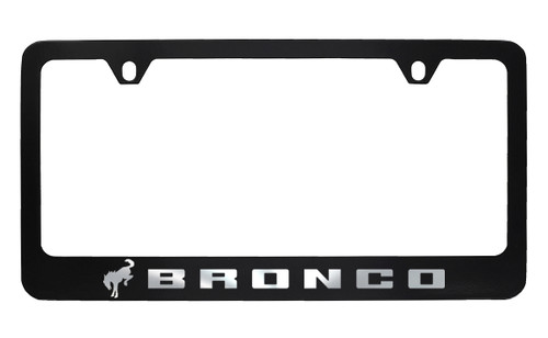 Ford Bronco Black Coated Metal License Plate Frame with Exposed Chrome Logo
