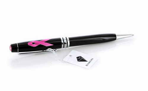 Luxurious pink ribbon ballpoint pen enriched with premium crystals. Black with Rose-pink 6mm crystal.