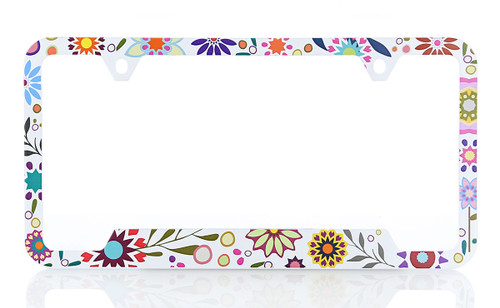 Colorful Retro Flowers License Frame - White - Style 2
