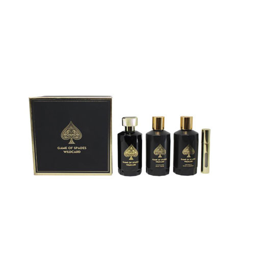 SET JO MILANO GAME OF SPADES WILDCARD ( 4 PC ) 3.4 OZ PARFUM / 6.8 OZ AROMATIC BODY/ 6.8 OZ BODY CREAM / 0.27 OZ REFILLABLE ATOMIZER / 850051043163