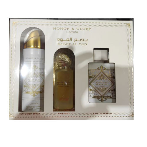 SET LATTAFA BADEE AL OUD HONOR AND GLORY WOMEN( 3 PC )3.4 OZ EDP / 6.7 OZ DEO  / 1.7 OZ HAIRMIST / 6290362340010