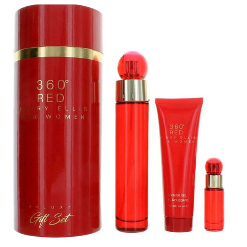 SET PERRY ELLIS 360 RED WOMEN ( 3 PC )3.4 EDP SP  / 3.0 OZ. S/G /  0.25 EDP SP / 844061014695