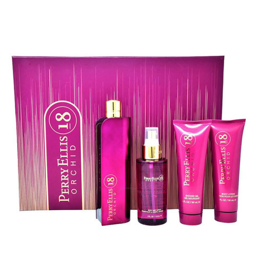 SET PERRY ELLIS 18 ORCHID WOMEN (4 PC ) 3.4 OZ EDP SP / 4.0 OZ MIST / 3.0 OZ BL / 3.0 OZ S/GEL / 844061016644