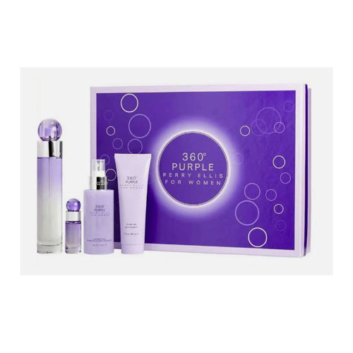SET PERRY ELLIS 360° PURPLE FOR WOMEN  (4 PC ) 3.4 OZ EDP /4.0 OZ MIST /3.0 OZ SG /MINI / 844061016781
