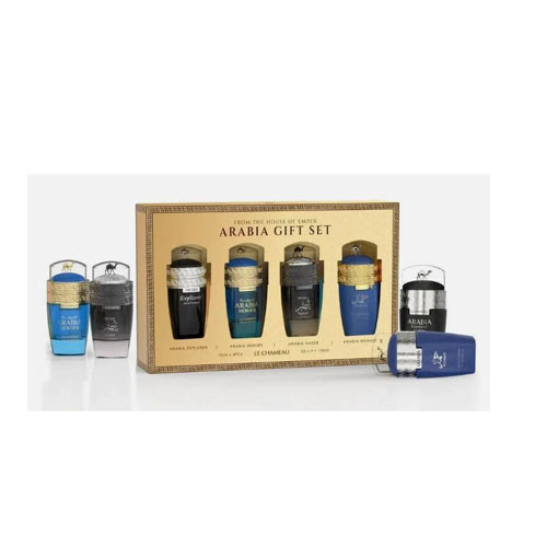 SET LE CHAMEAU ARABIA POUR MEN ( 4 PC ) EXPLORER,HEROES,NASER,HAMAD 0.845 OZ EDP SP / 6294021908115