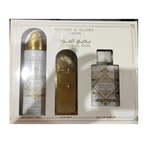 SET LATTAFA BADEE AL OUD HONOR AND GLORY WOMEN( 3 PC )3.4 OZ EDP / 6.7 OZ DEO  / 1.7 OZ HAIRMIST / 6290362340010