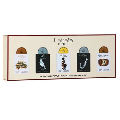 SET LATTAFA PRIDE X0.67 OZ ( 5 PC ) BIKE 1910 / SHAHEEN SILVER /AFRICAN DRUMMER /SHUYUKH SILVER/VINTAGE RADIO / 6290362348061