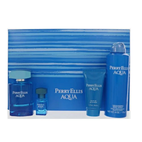 SET PERRY ELLIS AQUA (4PC) 3.4 OZ EDT /  6.8 OZ DEO BODY SPRAY /  1.7 OZ SG / MINI / 844061017931