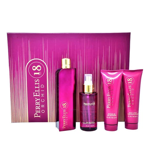 SET PERRY ELLIS 18 ORCHID WOMEN (4 PC ) 3.4 OZ EDP SP / 4.0 OZ MIST / 3.0 OZ BL / 3.0 OZ S/GEL / 844061016644