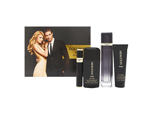 SET PARIS HILTON GOLD RUSH MEN ( 4PC SET ) 3.4 OZ. EDT SP / 0.5 OZ. EDT SP / 3.0 OZ SG / 2.75 OZ. DEO / 608940574553