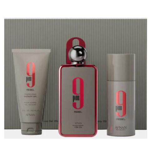SET AFNAN 9 PM REBEL UNISEX ( 3 PC ) 3.4 OZ EDP SP / 5.0 OZ SG / 5.0 OZ  DEO / 6290171077152