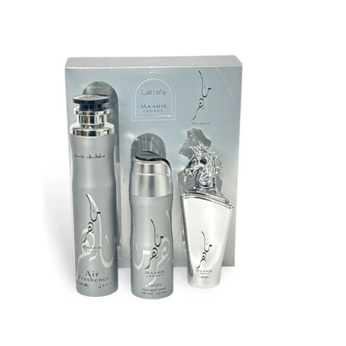 SET LATTAFA MAAHIR LEGACY ( 3 PC )3.4 OZ EDP / 6.76 OZ DEO / 1.7 OZ  AIR FRESHNER / 6290362341260