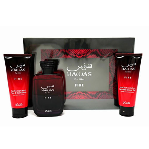 SET RASASI HAWAS FIRE MEN (3 PC) 3.4 OZ EDP SP  / 3.4 OZ FACE BEARD WASH / 3.4 OZ SG / 614514555446