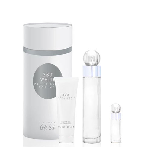 SET PERRY ELLIS 360 WHITE MEN ( 3 PC ) 3.4 OZ EDT /3.0 OZ GEL + MINI -CANISTER / 844061015203